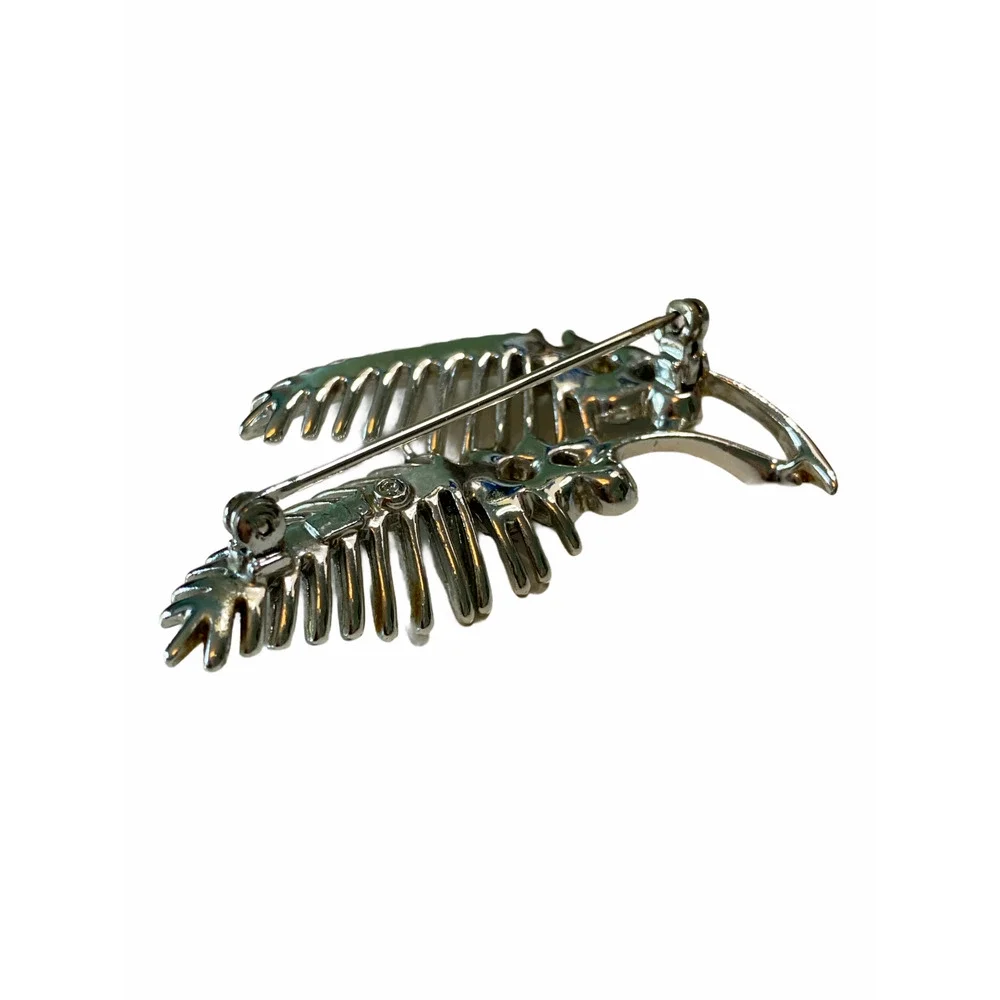 Vintage Cora Silver Tone Leaf Brooch Blue Rhinestones